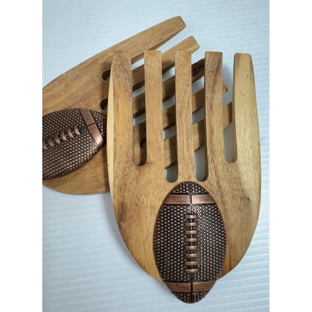 Handcrafted Wooden Salad Hands / Tossers with Copper-Accented Football Applique